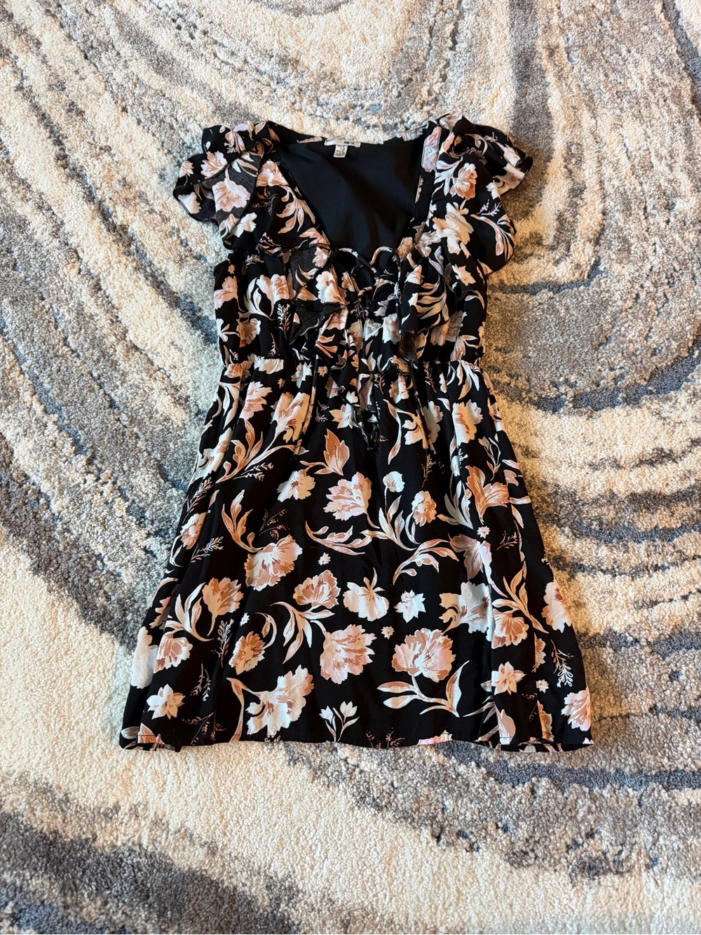 Black Floral Mini Dress with Peach Blossoms